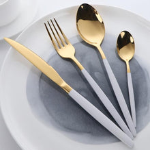 Load image into Gallery viewer, white and gold cutlery set of 4 utensils