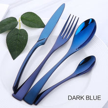 Load image into Gallery viewer, 4 cutlery pieces in dark blue colour from the nordane cutlery set collection