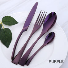 Load image into Gallery viewer, 4 cutlery pieces in purple colour from the nordane cutlery set collection
