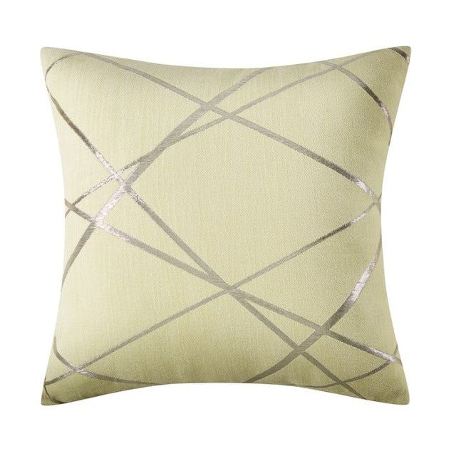 tan colored cushion with gold geometric stripes -FunkChez