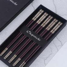 Load image into Gallery viewer, 5 pairs of maroon with white colored ends chopsticks in a black box