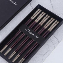 Load image into Gallery viewer, 5 pairs of maroon with white colored ends chopsticks in a black box