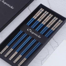 Load image into Gallery viewer, 5 pairs of blue with white colored ends chopsticks in a black box