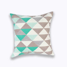 Load image into Gallery viewer, mix of teal, grey, brown and white in geometric patterns printed on a cushion cover