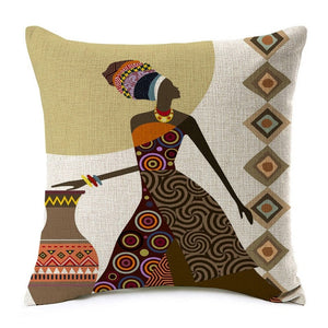 african lady with a big jar printed on a cushion cover