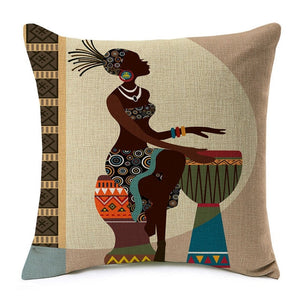african lady with a tabla printed on a cushion cover