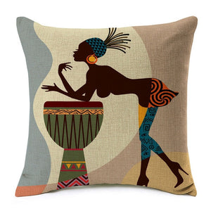 african lady leaning on a drum printed on a throw cover