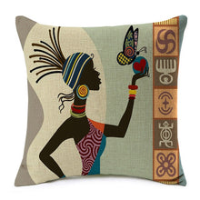 Load image into Gallery viewer, cushion cover with a printed image of an african girl holding a bird