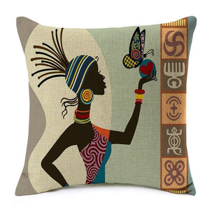 cushion cover with a printed image of an african girl holding a bird