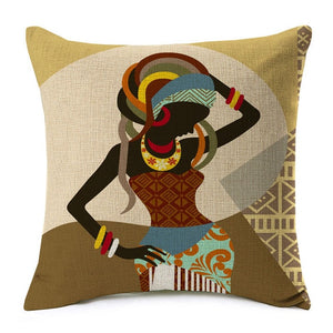 african lady posing in a bright coloured dress printed on a throw cover