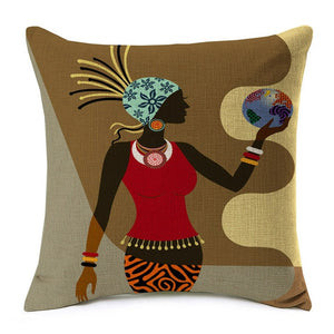 african lady wearing a red top printed on a cushion cover