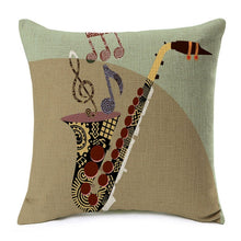Load image into Gallery viewer, trumpet with musical notes printed on a linen cushion cover