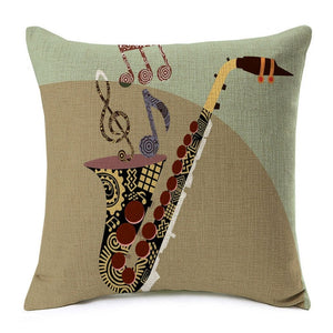 trumpet with musical notes printed on a linen cushion cover