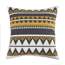 Load image into Gallery viewer, cushion cover with grey, mustard yellow, black and white in geometrical patterns