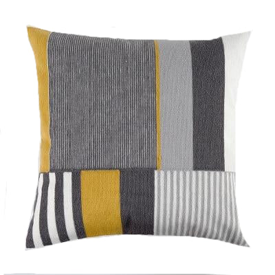 cushion cover with grey, mustard yellow, black and white in geometrical stripes