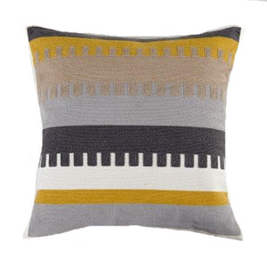 cushion cover with grey, mustard yellow, black and white in geometrical stripes