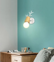 Load image into Gallery viewer, Ahorn wall lamp with white base fixed on a teal wall over a desk 