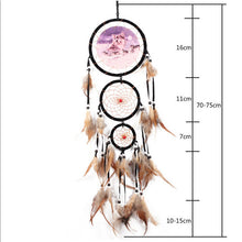 Load image into Gallery viewer, brown feathers and black rings dreamcatcher with size specifications