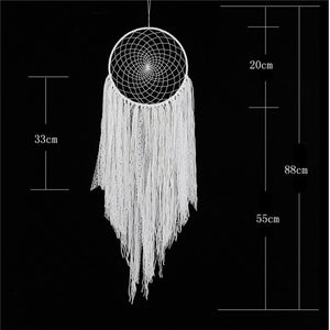 white dreamcatcher with size specifications on a black background