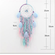 Load image into Gallery viewer, shades of blue and pink feather dreamcatcher with size specifications