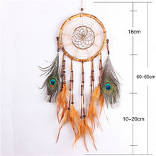 Load image into Gallery viewer, orange and peacock feathers dreamcatcher with size specifications