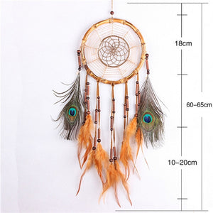 orange and peacock feathers dreamcatcher with size specifications