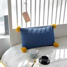 Load image into Gallery viewer, blue cushion with yellow tassels on all four ends FunkChez