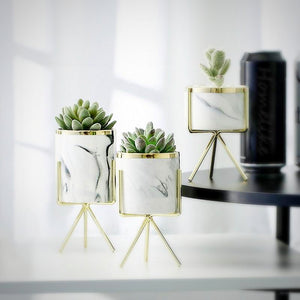 1 set of 3 marble glazed planter pots with gold iron stands in different sizes