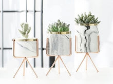 Load image into Gallery viewer, 1 set of 3 marble glazed planter pots with rose gold iron stands in different sizes