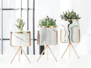 1 set of 3 marble glazed planter pots with rose gold iron stands in different sizes
