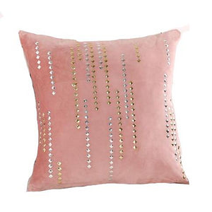 pink colored cushion cover with gold designs printed 