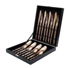 Load image into Gallery viewer, a box of the ombre cutlery set service for 4 with knives, forks and spoons