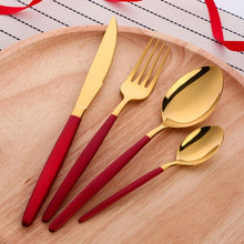 Load image into Gallery viewer, red and gold cutlery set of 4 utensils