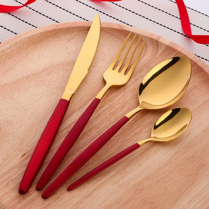 red and gold cutlery set of 4 utensils