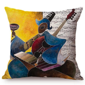 cushion cover with an image of a black man playing an instrumnet