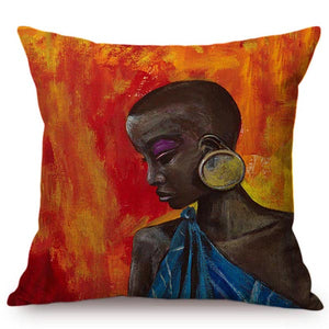 cushion cover with an image of a black woman wearing a big round earring