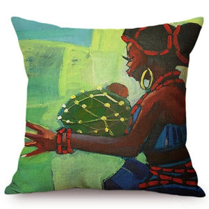 cushion cover with an image of an african lady against green trees