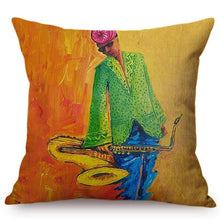 Load image into Gallery viewer, cushion cover with an image of an african man holding his trumpet
