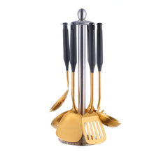 Load image into Gallery viewer, 6 black and gold plated utensils from the posche utensil collection