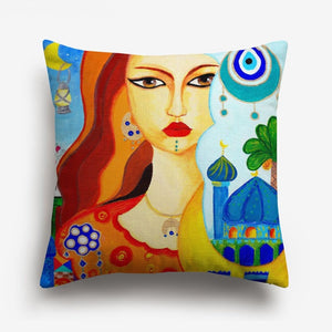 arabic girl's face printed on a cushion cover