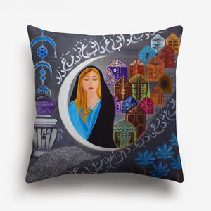 girl and a half moon printed on a cushion cover