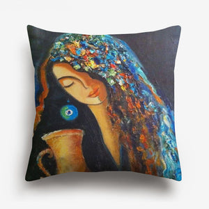 arabic girl's face printed on a cushion cover
