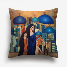 Load image into Gallery viewer, woman and child printed on a cushion cover against a city background