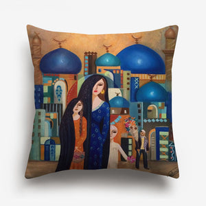 woman and child printed on a cushion cover against a city background