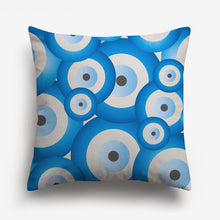 Load image into Gallery viewer, circles of different shades of blue printed on a cushion cover