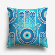 Load image into Gallery viewer, blue throw cover with a hand printed on it along with nordic designs