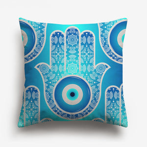 blue throw cover with a hand printed on it along with nordic designs