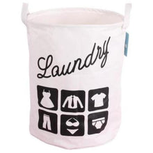 Load image into Gallery viewer, Quirky and fun black laundry basket with handle and pictures