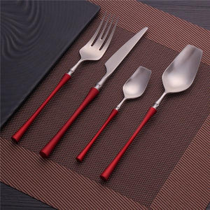 RED AND SILVER 4 PIECE ROYALTY CUTLERY SET 