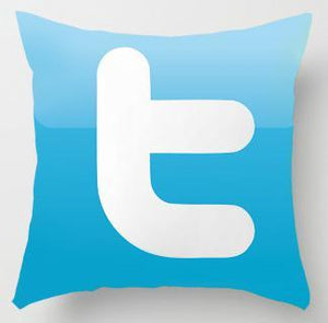 twitter logo in blue with the letter 't' in white printed on a cushion cover